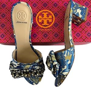 Tory Burch Valentina 45mm Bow Slide Floral Brocade Heels Blue Size 8.5